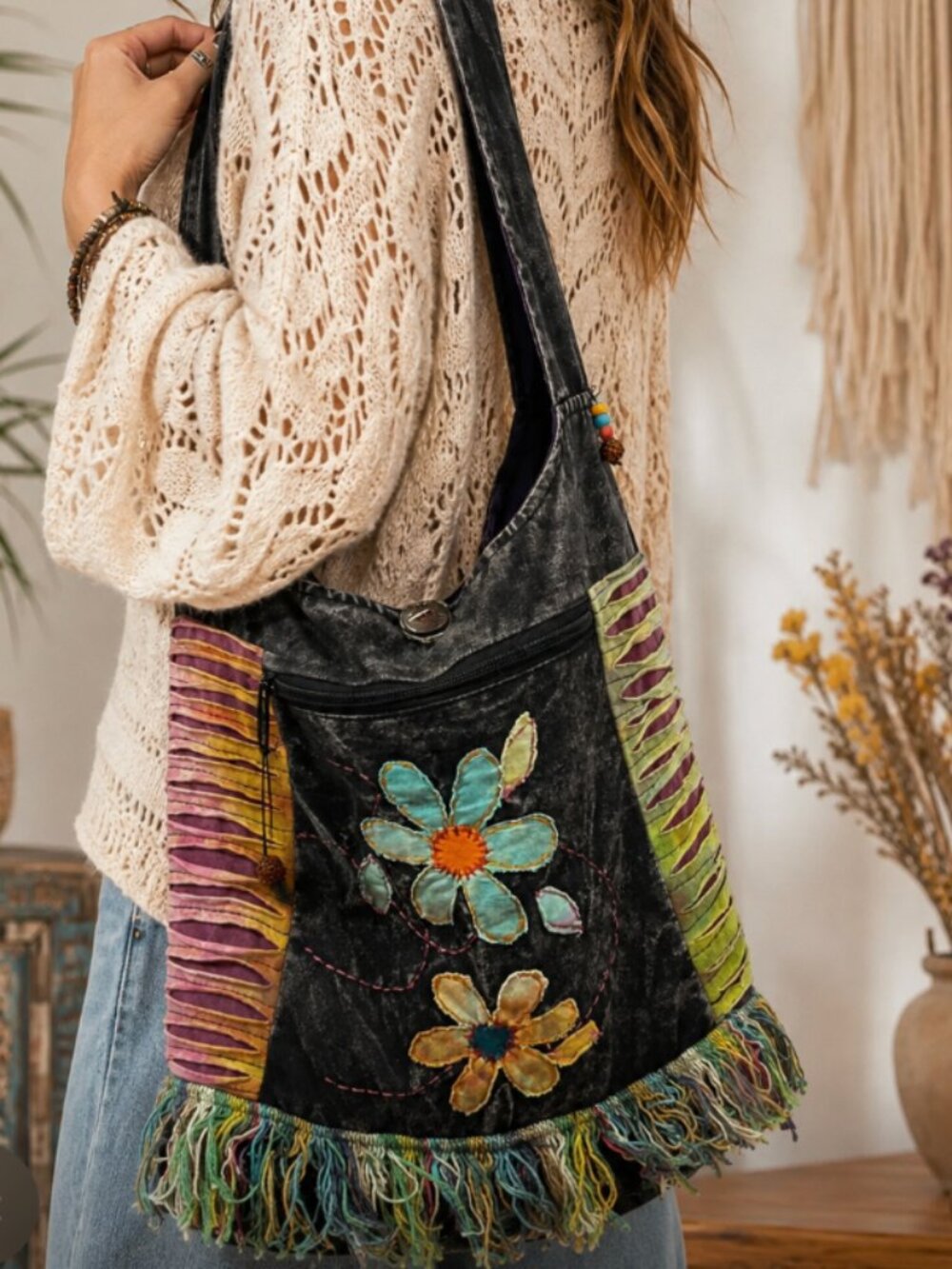 Boho Flowers Fringe Festival Everyday Hobo Bag Purse Sling Hippie Gypsy Artisan